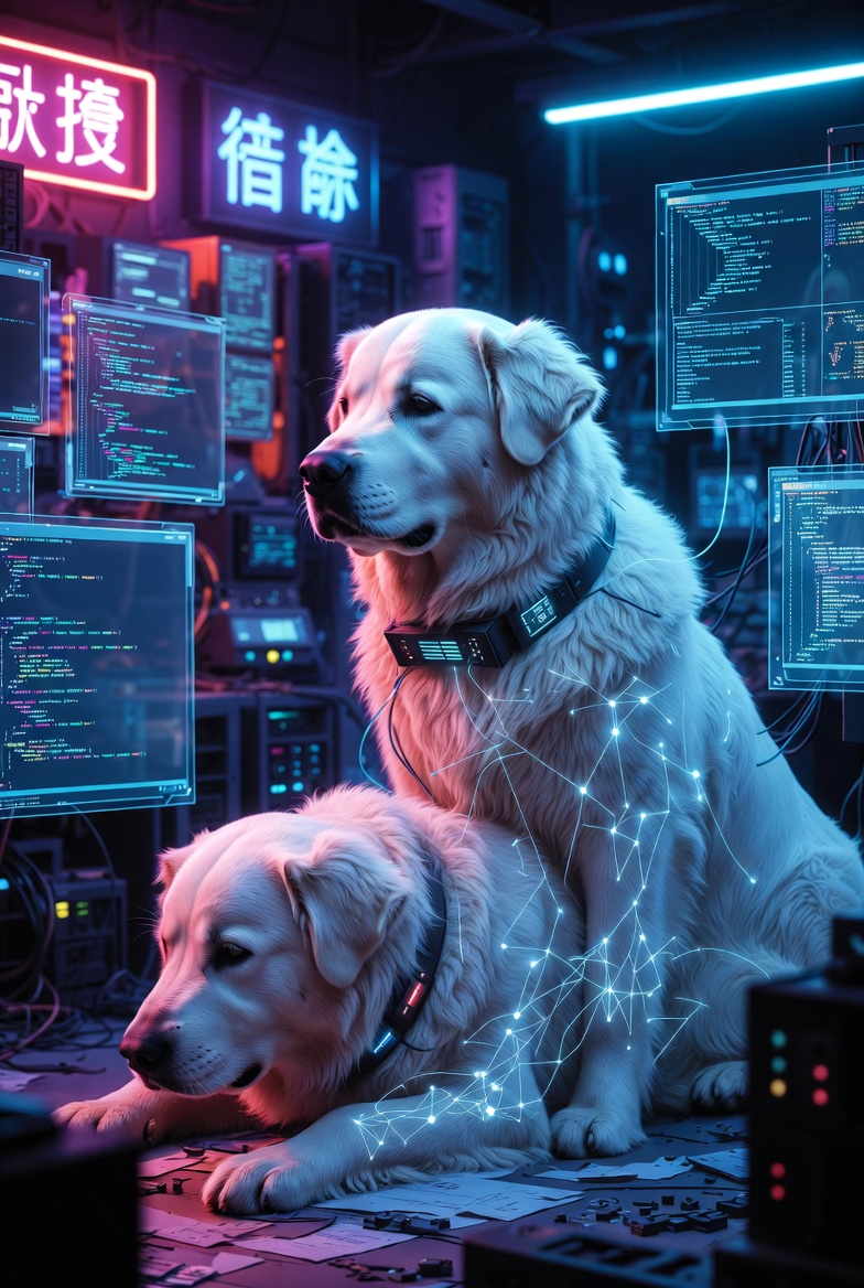 DATAHOUNDS logo - Two Great Pyrenees dogs with data and code